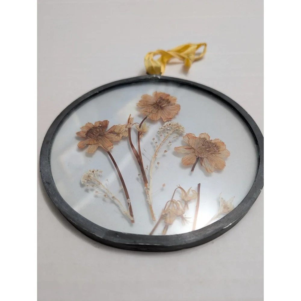 Dried Press Flowers German Metal & Glass Round sun catcher boho cottagecore